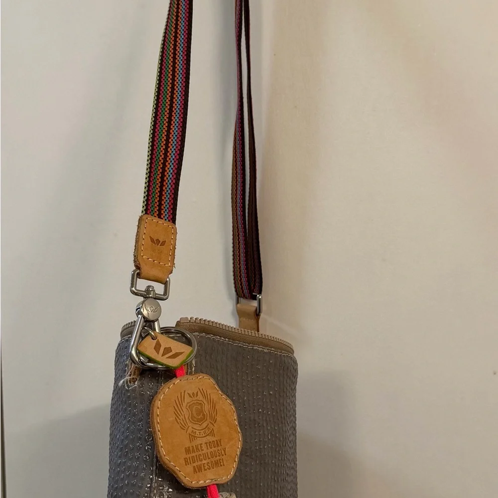 Taupe Leather Crossbody Bag with Colorful Woven Strap - Picture 3 of 13